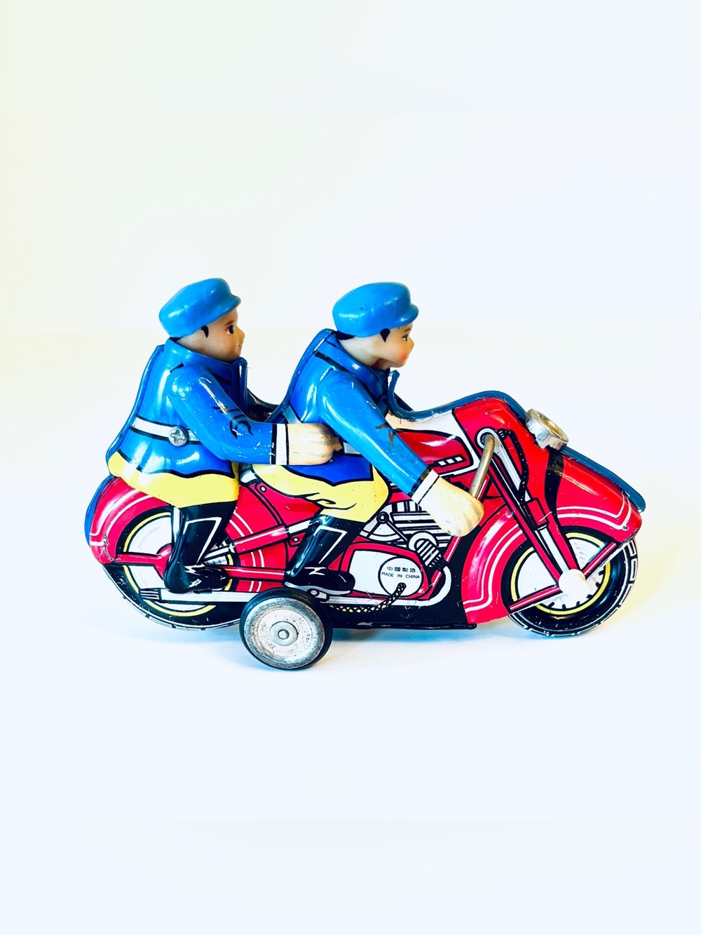 Vintage MF162 Tin Litho Friction Motorcycle Toy China Police Duo Riders
